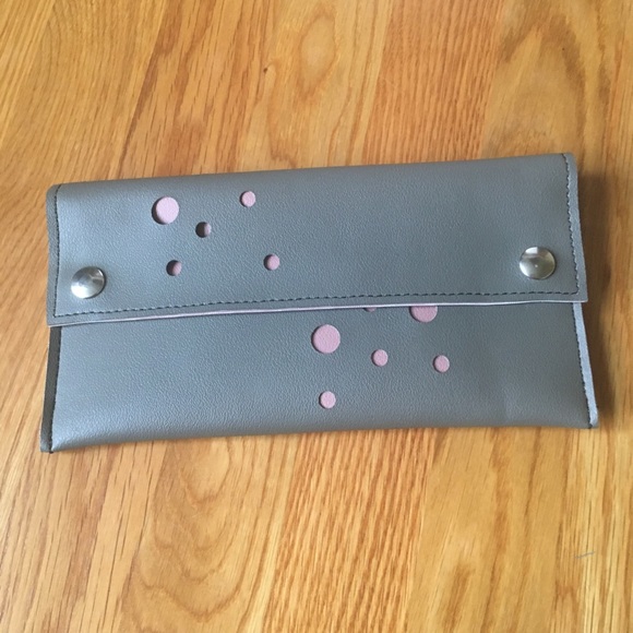 Holly Aiken Handbags - Holly Aiken Gray and Mauve Polka Dot Vinyl Clutch